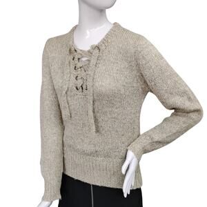 Love Tree Knit Oatmeal Sweater Top Size Small Lace Up V Neck Long Sleeve